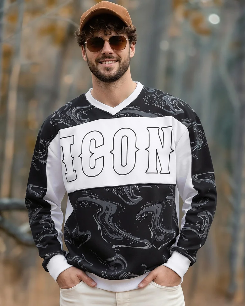 بيواكوف Men's White & Black Color Block Oversized Sweatshirt